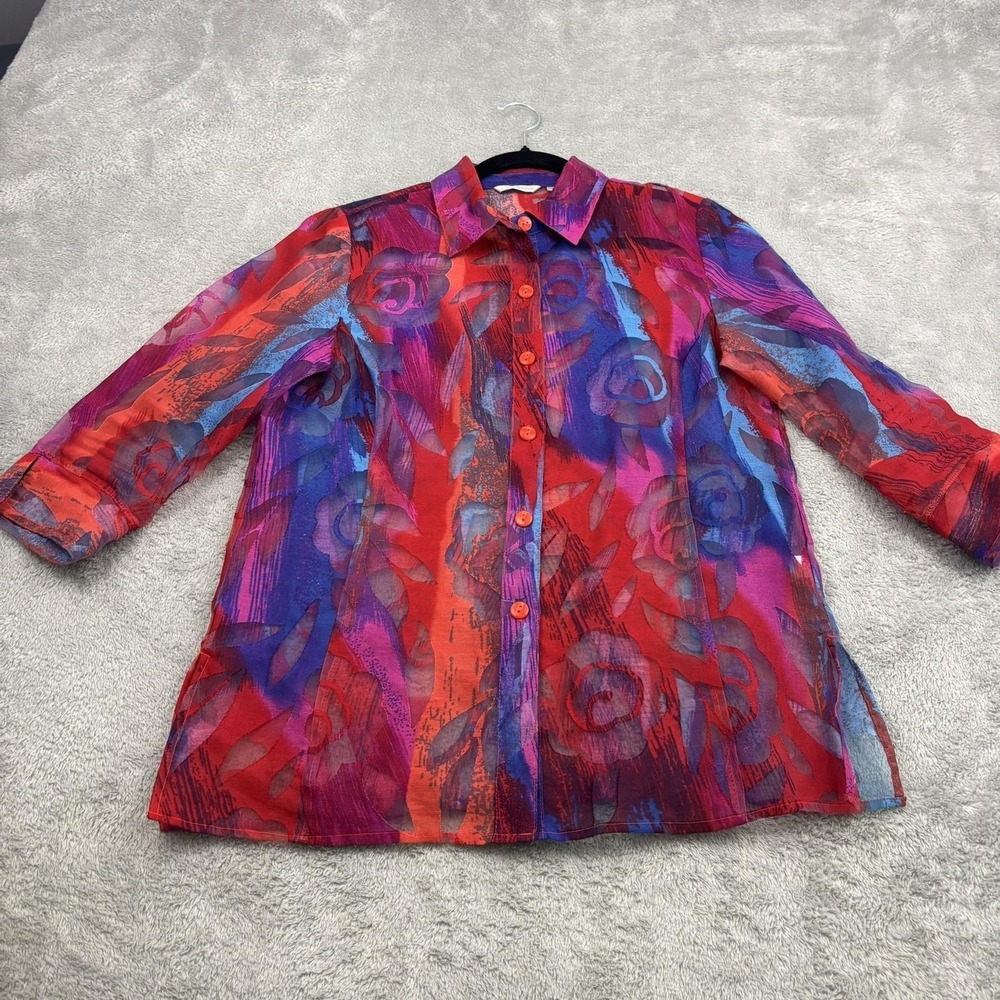 VTG Y2K 90s Sheer Button Up Top Womens s Multicolor Floral Artsy Whimsical Fairy